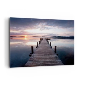 Bild auf Leinwand - Leinwandbild - Ein Pier an einem See bei Sonnenuntergang in einer friedlichen Landschaft - 100x70cm - Eine stille Grenze zwischen Tag und Nacht - Moderne Wanddekoration für Wohnzimmer und Schlafzimmer ARTTOR