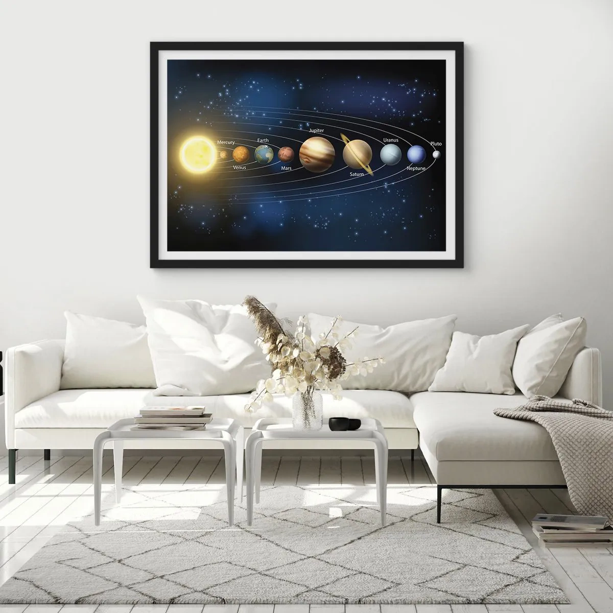 Poster in einem schwarzem Rahmen - Diagramm des Sonnensystems mit Planeten und Sonne - 100x70cm - Einer von zehn - Moderne Wanddekoration für Wohnzimmer und Schlafzimmer ARTTOR