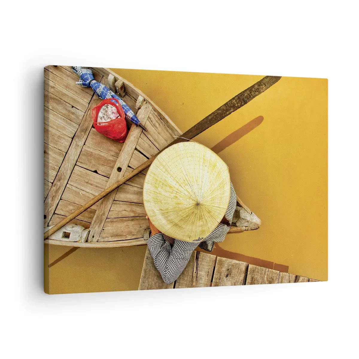 Bild auf Leinwand - Leinwandbild - Ein traditionelles Boot aus der Vogelperspektive - 70x50cm - Leben am Gelben Fluss - Moderne Wanddekoration für Wohnzimmer und Schlafzimmer ARTTOR