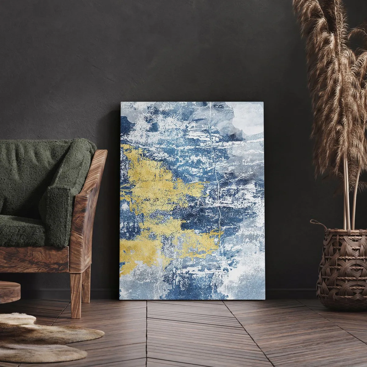 Bild auf Leinwand - Leinwandbild - Abstraktion in Blau- und Gelbtönen - 70x100cm - Abstraktion voller Wetter - Moderne Wanddekoration für Wohnzimmer und Schlafzimmer ARTTOR