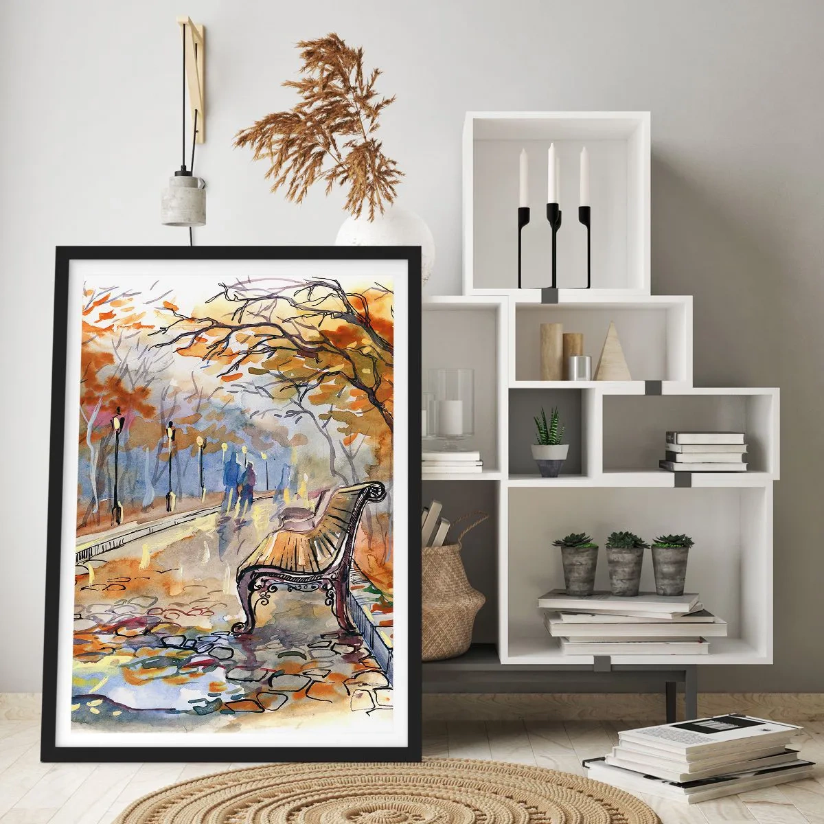 Poster in einem schwarzem Rahmen - Bank in einem Herbstpark, Aquarell - 50x70cm - Gemeinsam im Herbst wandern - Moderne Wanddekoration für Wohnzimmer und Schlafzimmer ARTTOR