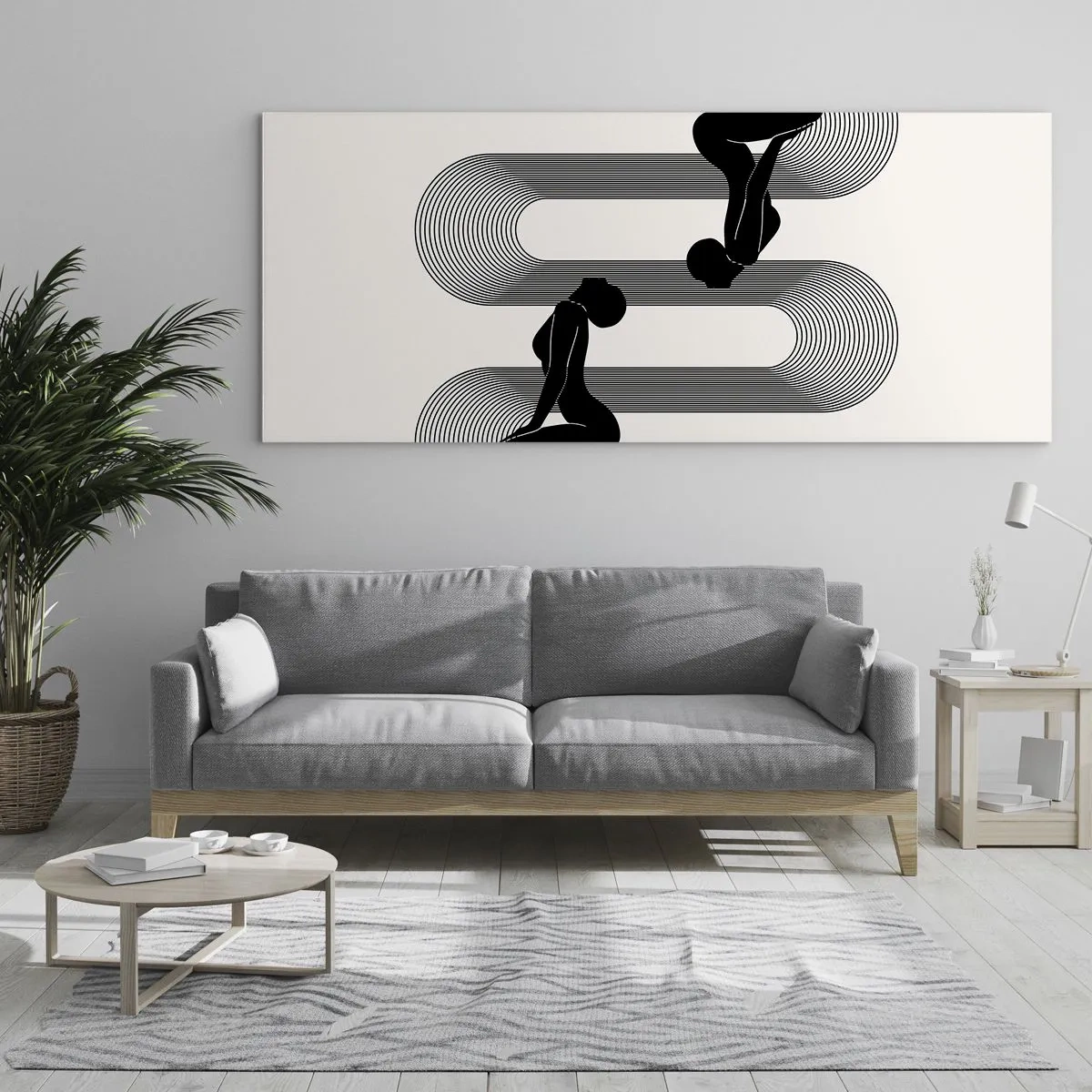 Glasbild - Bild auf glas - Schwarze Silhouetten mit geometrischen Linien auf hellem Hintergrund - 120x50cm - Sinnliche Symmetrie - Moderne Wanddekoration für Wohnzimmer und Schlafzimmer ARTTOR