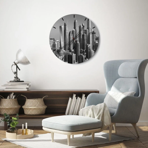 Wanduhr - Glasuhr - Panorama einer modernen Stadt in Schwarzweiß - 30x30cm - Stadt in der Wüste - Moderne Wanddekoration für Wohnzimmer, Küche und Schlafzimmer ARTTOR
