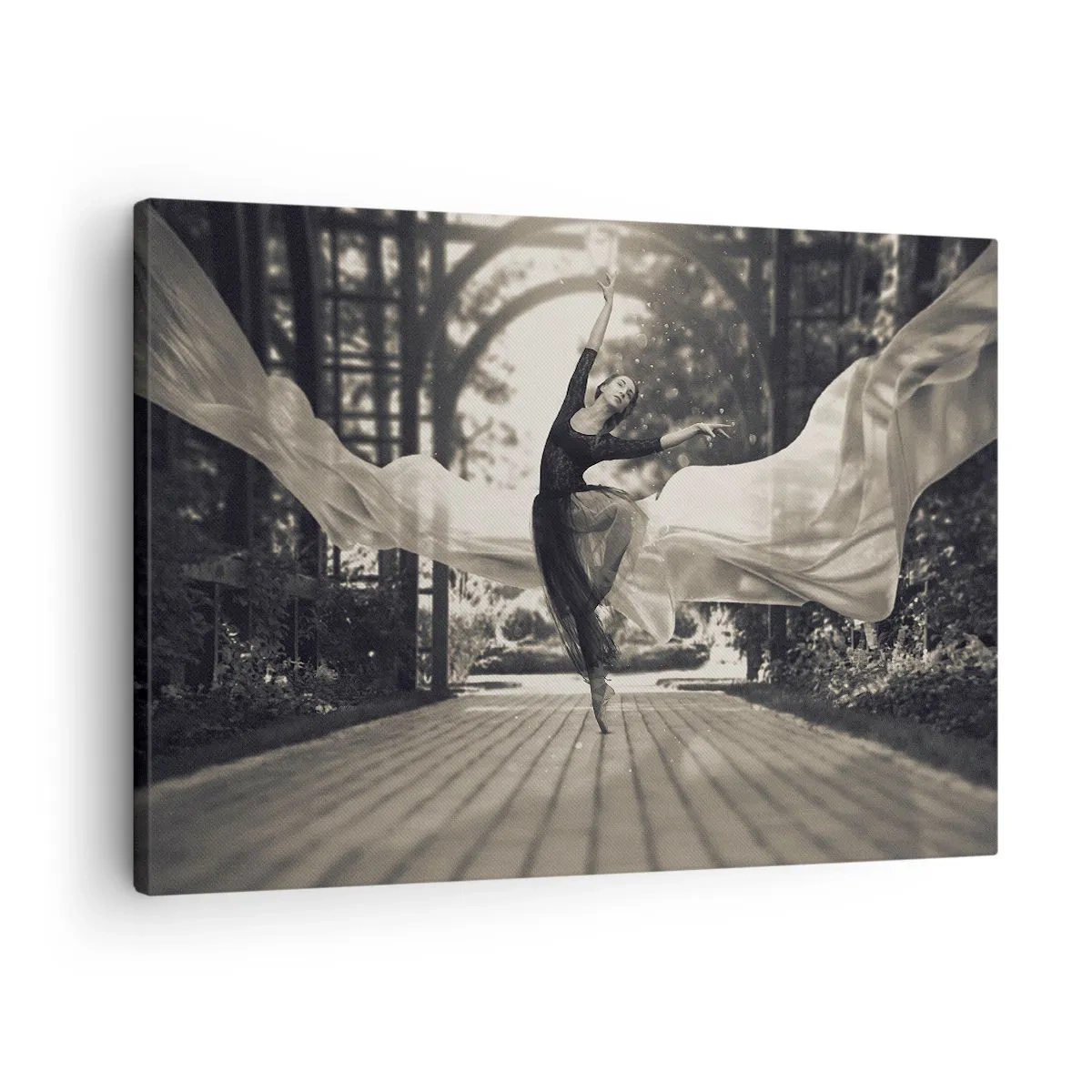 Bild auf Leinwand - Leinwandbild - Eine Tänzerin in einem wallenden Kleid führt einen Sprung vor einer schwarz-weißen Gartenkulisse aus. - 70x50cm - Der Tanz des Gartengeistes - Moderne Wanddekoration für Wohnzimmer und Schlafzimmer ARTTOR