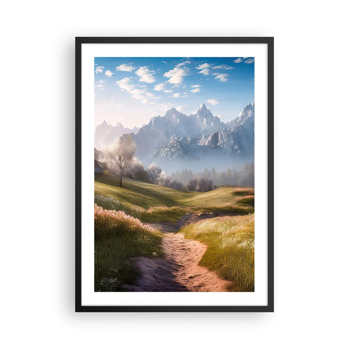 Poster in einem schwarzem Rahmen - Ein Bergpfad, der bei Sonnenaufgang durch ein grünes Tal führt - 50x70cm - Idyllisches Tal - Moderne Wanddekoration für Wohnzimmer und Schlafzimmer ARTTOR