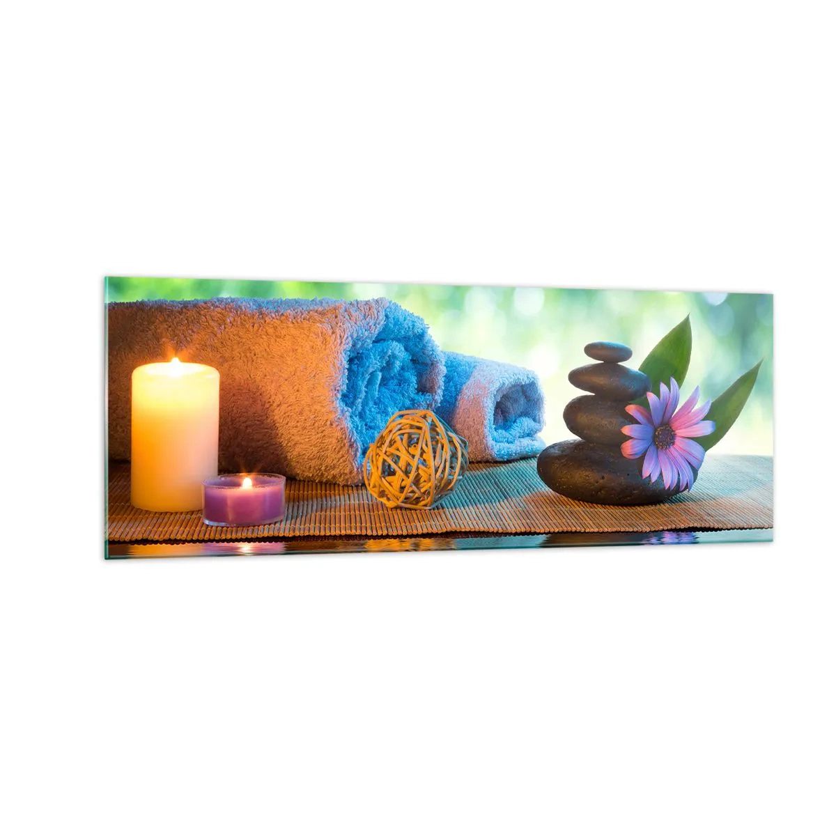 Glasbild - Bild auf glas - Entspannendes SPA-Set mit Handtüchern, Kerzen und Steinen - 140x50cm - Zeit für den Körper - Moderne Wanddekoration für Wohnzimmer und Schlafzimmer ARTTOR