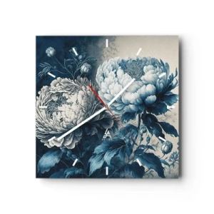 Wanduhr - Glasuhr - Blaue Pfingstrosen auf dezentem Untergrund mit zartem Muster - 30x30cm - Passendes Paar - Moderne Wanddekoration für Wohnzimmer und Schlafzimmer ARTTOR