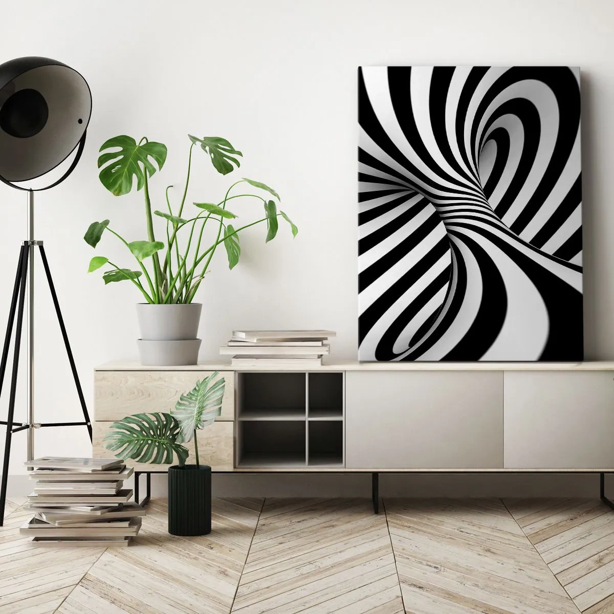 Bild auf Leinwand - Leinwandbild - Abstrakter Tunnel mit schwarz-weißen Spiralstreifen - 50x70cm - Komposition: Tanzraum - Moderne Wanddekoration für Wohnzimmer und Schlafzimmer ARTTOR