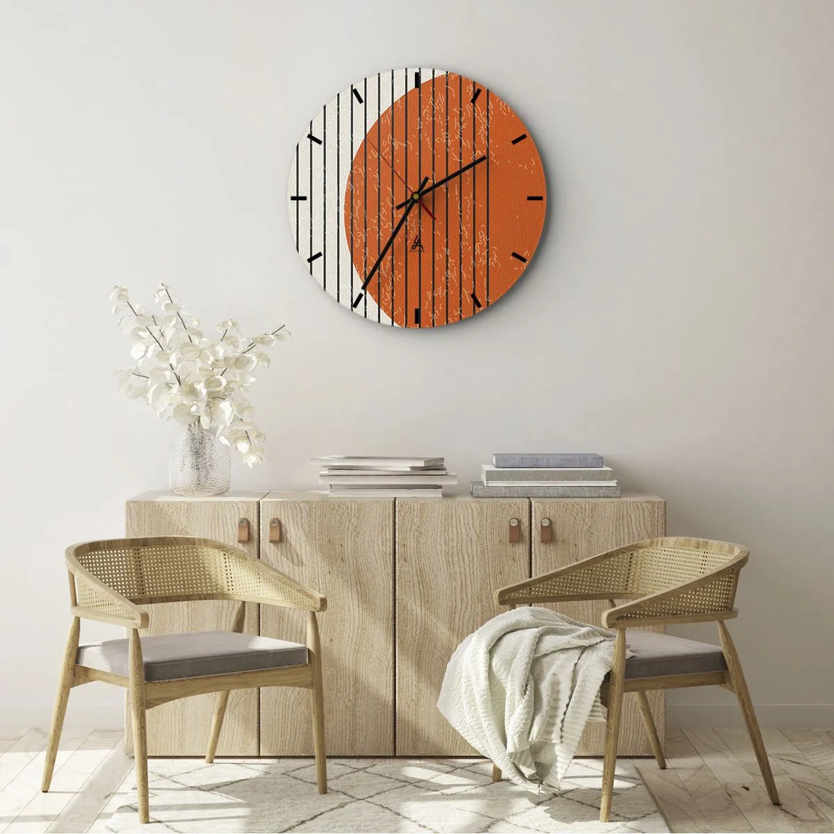 Wanduhr - Glasuhr - Orangefarbener Kreis und schwarze Linien auf beigem Hintergrund - 30x30cm - Immer die Sonne - Moderne Wanddekoration für Wohnzimmer, Küche und Schlafzimmer ARTTOR
