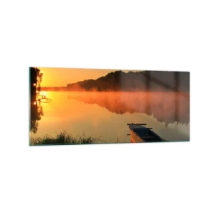 Glasbild - Bild auf glas - Morgennebel über dem Fluss mit einem Boot in den Sonnenstrahlen - 120x50cm - Sonnenaufgang über dem Wasser wie ein Spiegel - Moderne Wanddekoration für Wohnzimmer und Schlafzimmer ARTTOR