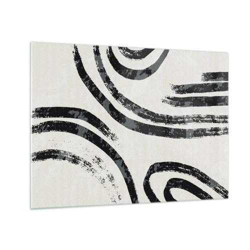 Glasbild - Bild auf glas - Schwarze halbkreisförmige Linien in minimalistischer Abstraktion auf hellem Hintergrund - 70x50cm - Bei Hälfte angehalten - Moderne Wanddekoration für Wohnzimmer und Schlafzimmer ARTTOR