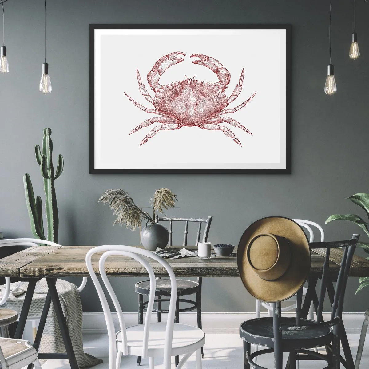 Poster in einem schwarzem Rahmen - Zeichnung einer Krabbe in einem roten Farbton - 70x50cm - Krabbe aller Krabben - Moderne Wanddekoration für Wohnzimmer und Schlafzimmer ARTTOR