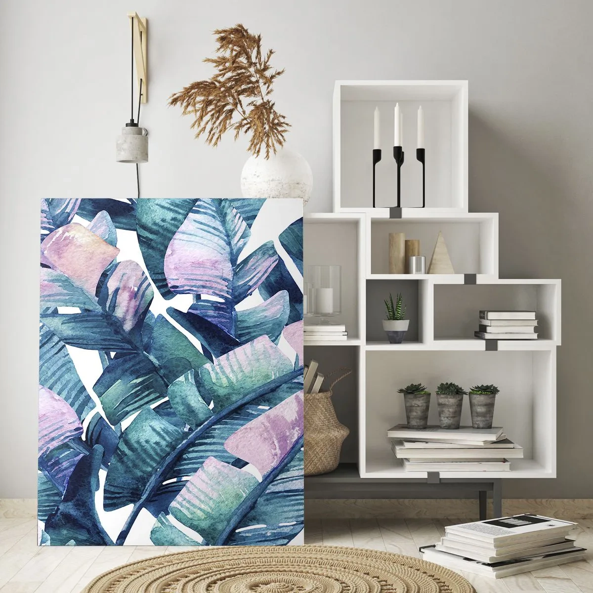 Glasbild - Bild auf glas - Bananenblätter in Pastelltönen auf weißem Hintergrund - 50x70cm - In einem Bananenhain - Moderne Wanddekoration für Wohnzimmer und Schlafzimmer ARTTOR