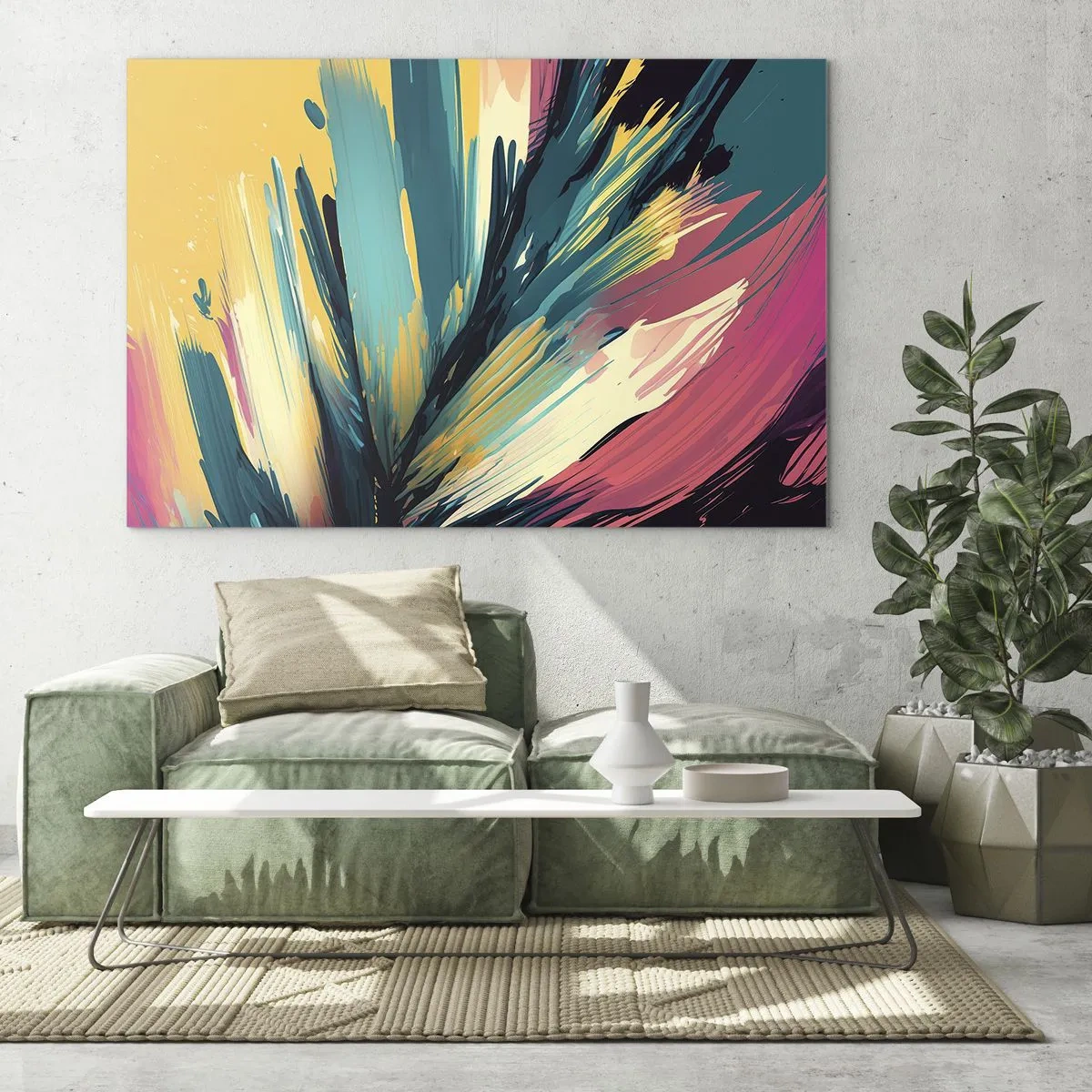 Glasbild - Bild auf glas - Dynamische Pinselstriche in leuchtenden Farben - 120x80cm - Komposition – eine Explosion der Freude - Moderne Wanddekoration für Wohnzimmer und Schlafzimmer ARTTOR