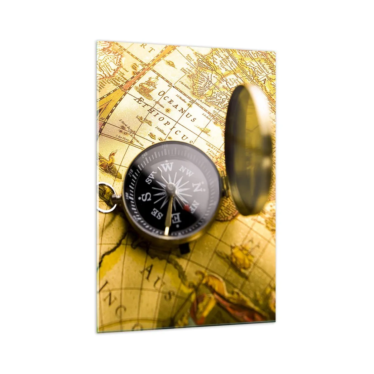 Glasbild - Bild auf glas - Ein antiker Kompass vor dem Hintergrund einer alten Weltkarte - 70x100cm - Oder vielleicht bis ans Ende der Welt? - Moderne Wanddekoration für Wohnzimmer und Schlafzimmer ARTTOR