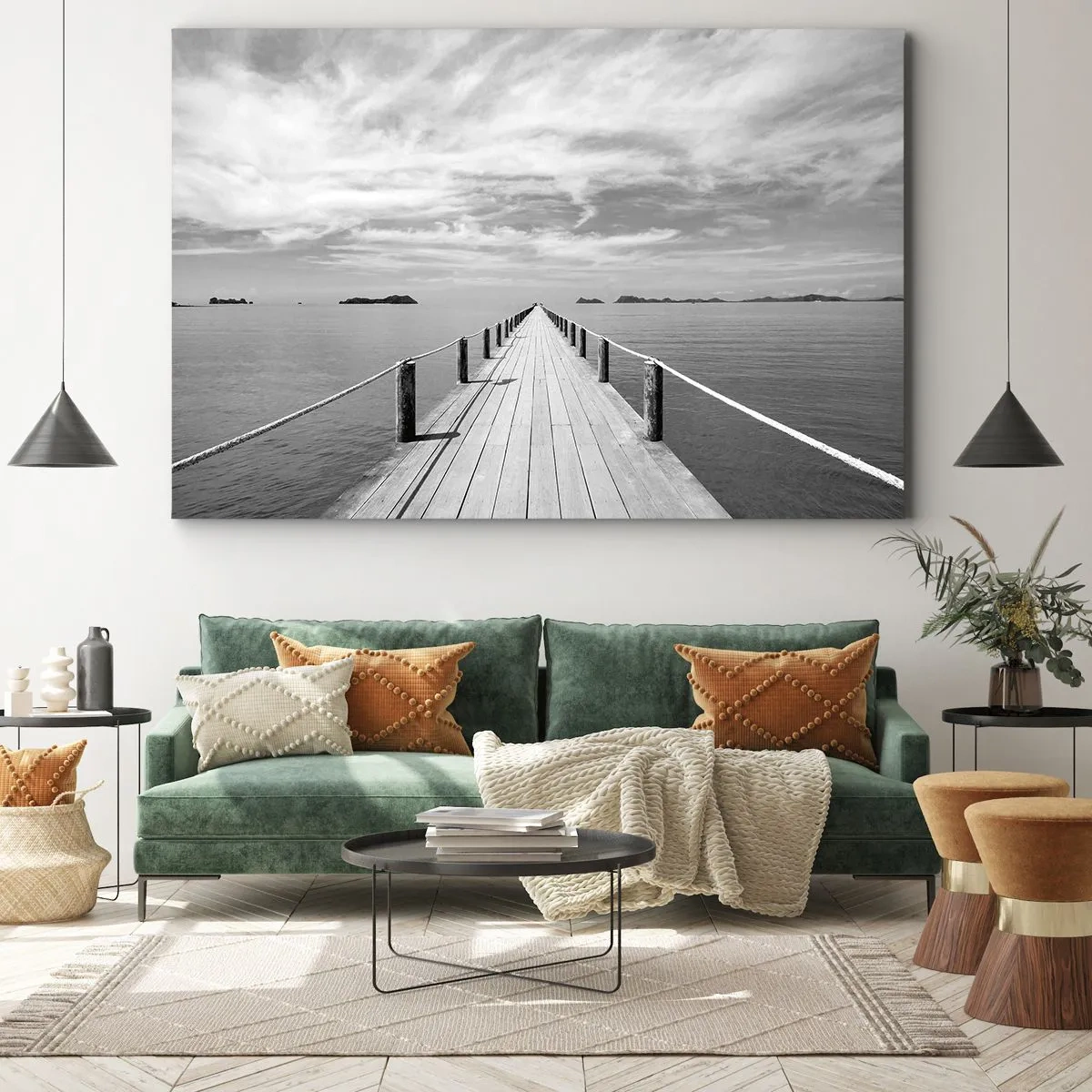 Bild auf Leinwand - Leinwandbild - Ein Holzsteg, der über ein ruhiges Meer in die Ferne führt - 70x50cm - Oder vielleicht eine Reise ... - Moderne Wanddekoration für Wohnzimmer und Schlafzimmer ARTTOR
