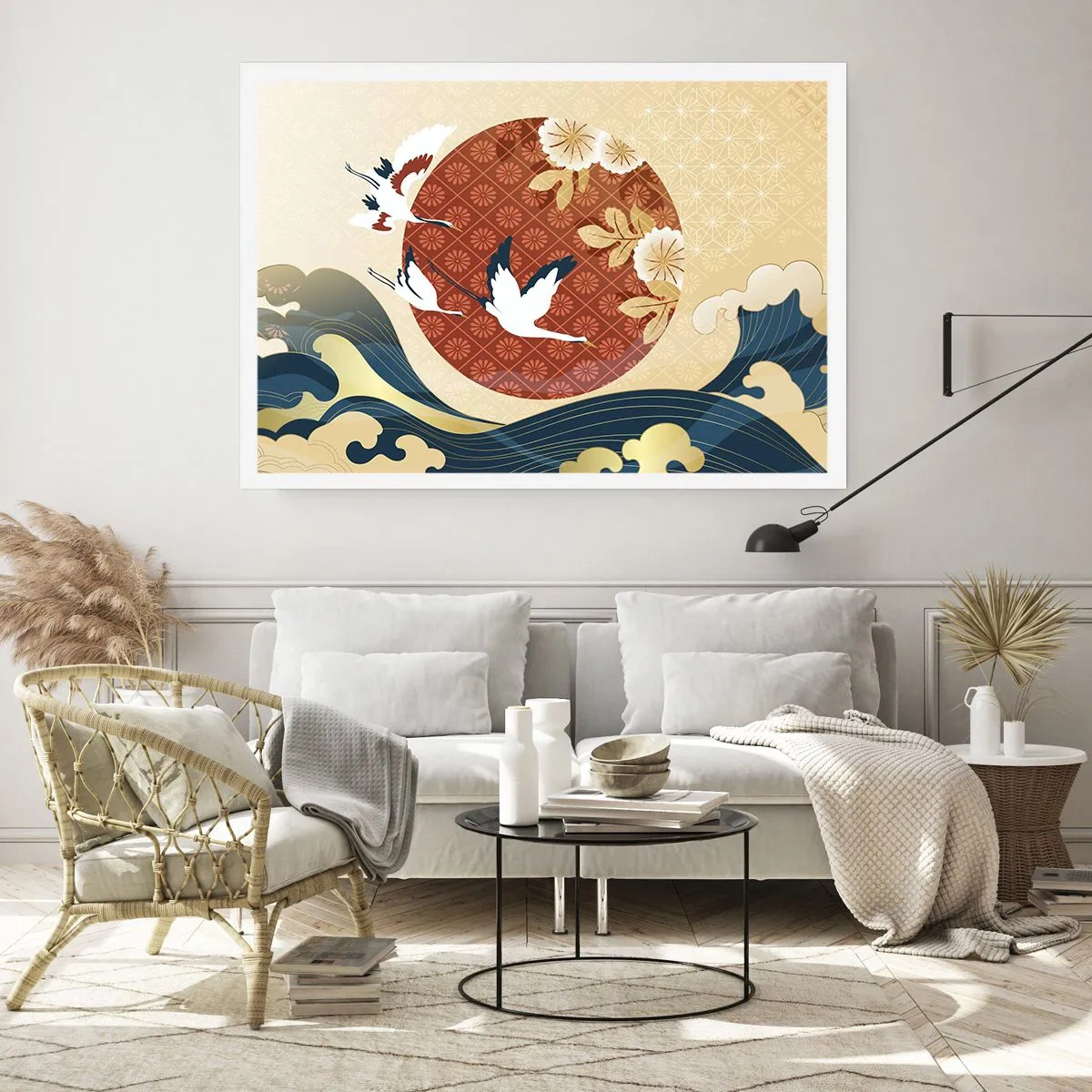 Poster - Japanische Komposition mit Kranichen und Wellen - 100x70cm - Japanisches Märchen - Moderne Wanddekoration für Wohnzimmer und Schlafzimmer ARTTOR