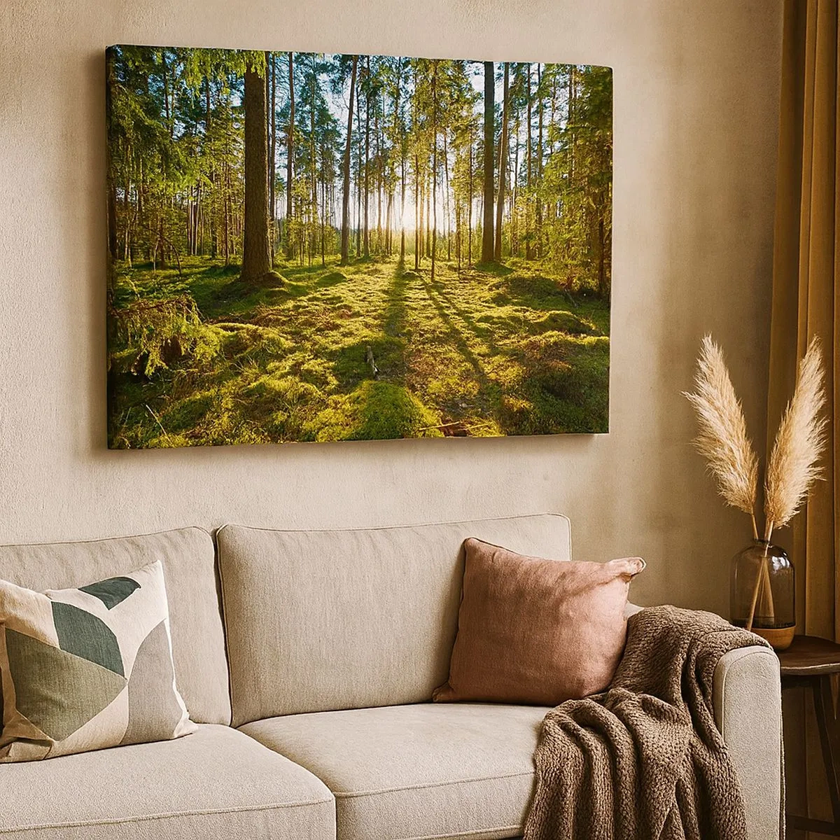 Bild auf Leinwand - Leinwandbild - Grüner Wald, beleuchtet durch Sonnenlicht auf dem Moos - 70x50cm - … Hinter den sieben Wäldern - Moderne Wanddekoration für Wohnzimmer und Schlafzimmer ARTTOR