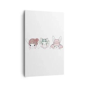 Bild auf Leinwand - Leinwandbild - Entzückende Häschen mit pastellfarbener Kopfbedeckung - 80x120cm - Nachdenklich, traurig, zufrieden - Moderne Wanddekoration für Wohnzimmer und Schlafzimmer ARTTOR