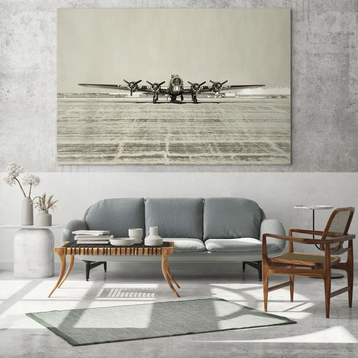 Glasbild - Bild auf glas - Historisches Flugzeug auf dem Flughafen im Sepia-Stil - 120x80cm - Wie immer bereit - Moderne Wanddekoration für Wohnzimmer und Schlafzimmer ARTTOR