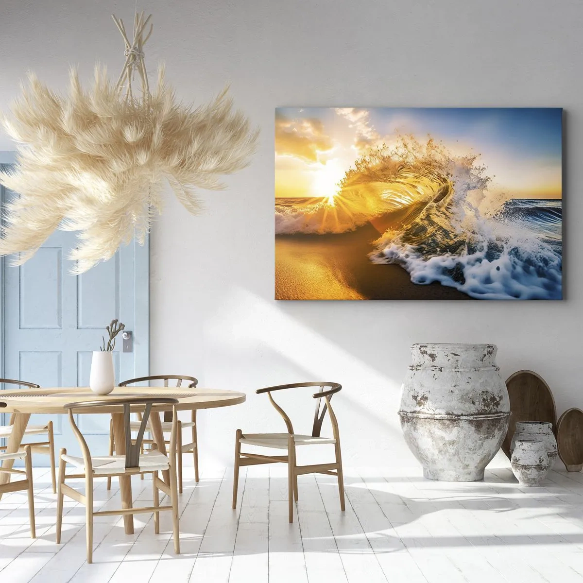 Bild auf Leinwand - Leinwandbild - Eine goldene Welle vor dem Hintergrund der untergehenden Sonne - 100x70cm - Spaß im Sand - Moderne Wanddekoration für Wohnzimmer und Schlafzimmer ARTTOR