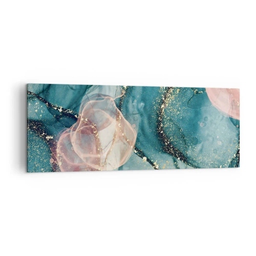 Bild auf Leinwand - Leinwandbild - Eine abstrakte Komposition in Türkis- und Goldtönen. - 140x50cm - Seidenblau, Tüllrosa - Moderne Wanddekoration für Wohnzimmer und Schlafzimmer ARTTOR