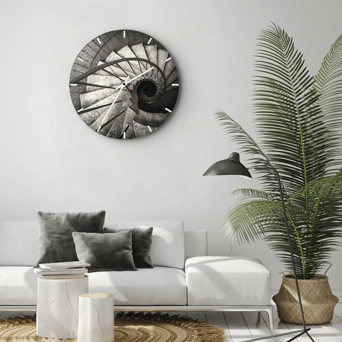 Wanduhr - Glasuhr - Schwarz-weiße Wendeltreppe mit Blick nach unten und geometrischer Stufenanordnung - 30x30cm - Treppe hoch, Treppe runter - Moderne Wanddekoration für Wohnzimmer, Küche und Schlafzimmer ARTTOR