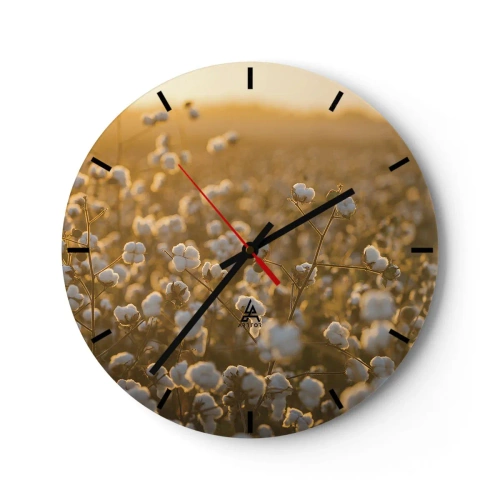 Wanduhr - Glasuhr - Ein Baumwollfeld bei Sonnenuntergang mit warmen Farben - 30x30cm - Fluffiges Feld - Moderne Wanddekoration für Wohnzimmer, Küche und Schlafzimmer ARTTOR