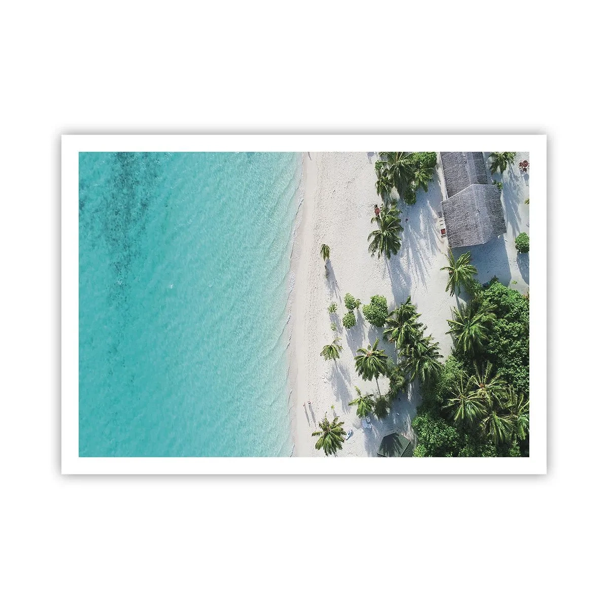 Poster - Eine Vogelperspektive auf einen tropischen Strand mit türkisfarbenem Wasser und Palmen - 100x70cm - Urlaub im Paradies - Moderne Wanddekoration für Wohnzimmer und Schlafzimmer ARTTOR