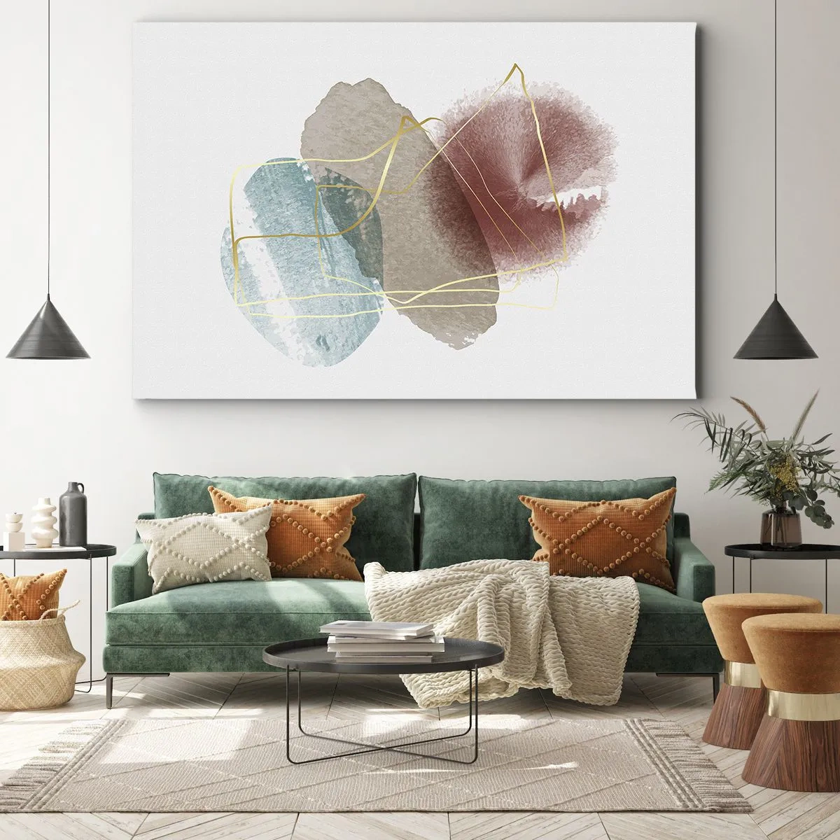 Bild auf Leinwand - Leinwandbild - Abstrakte Formen mit zarten Farben und goldenen Linien - 100x70cm - Korallen des Weltraums - Moderne Wanddekoration für Wohnzimmer und Schlafzimmer ARTTOR