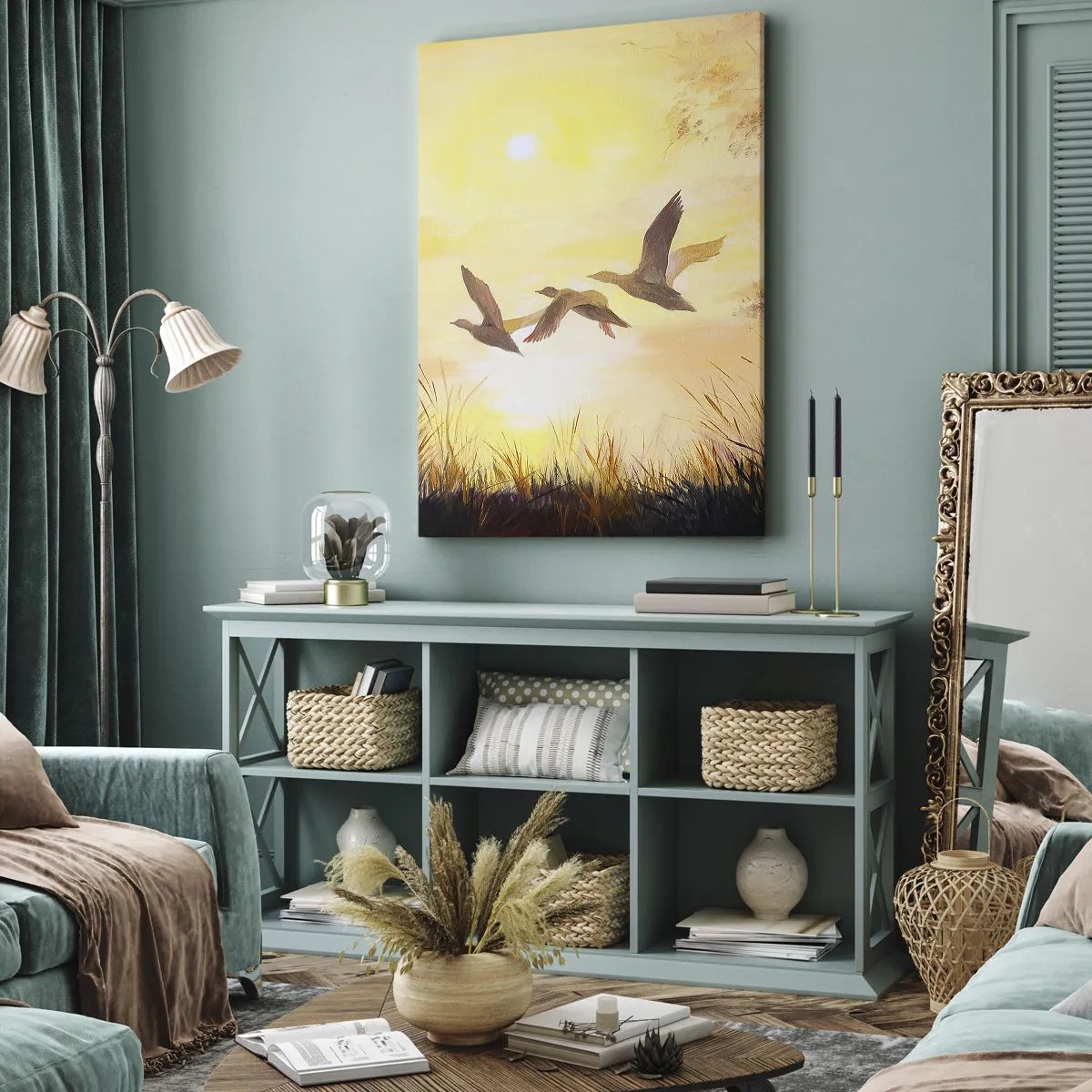 Bild auf Leinwand - Leinwandbild - Enten fliegen bei Sonnenaufgang über den See - 50x70cm - Der Beginn einer langen Reise - Moderne Wanddekoration für Wohnzimmer und Schlafzimmer ARTTOR