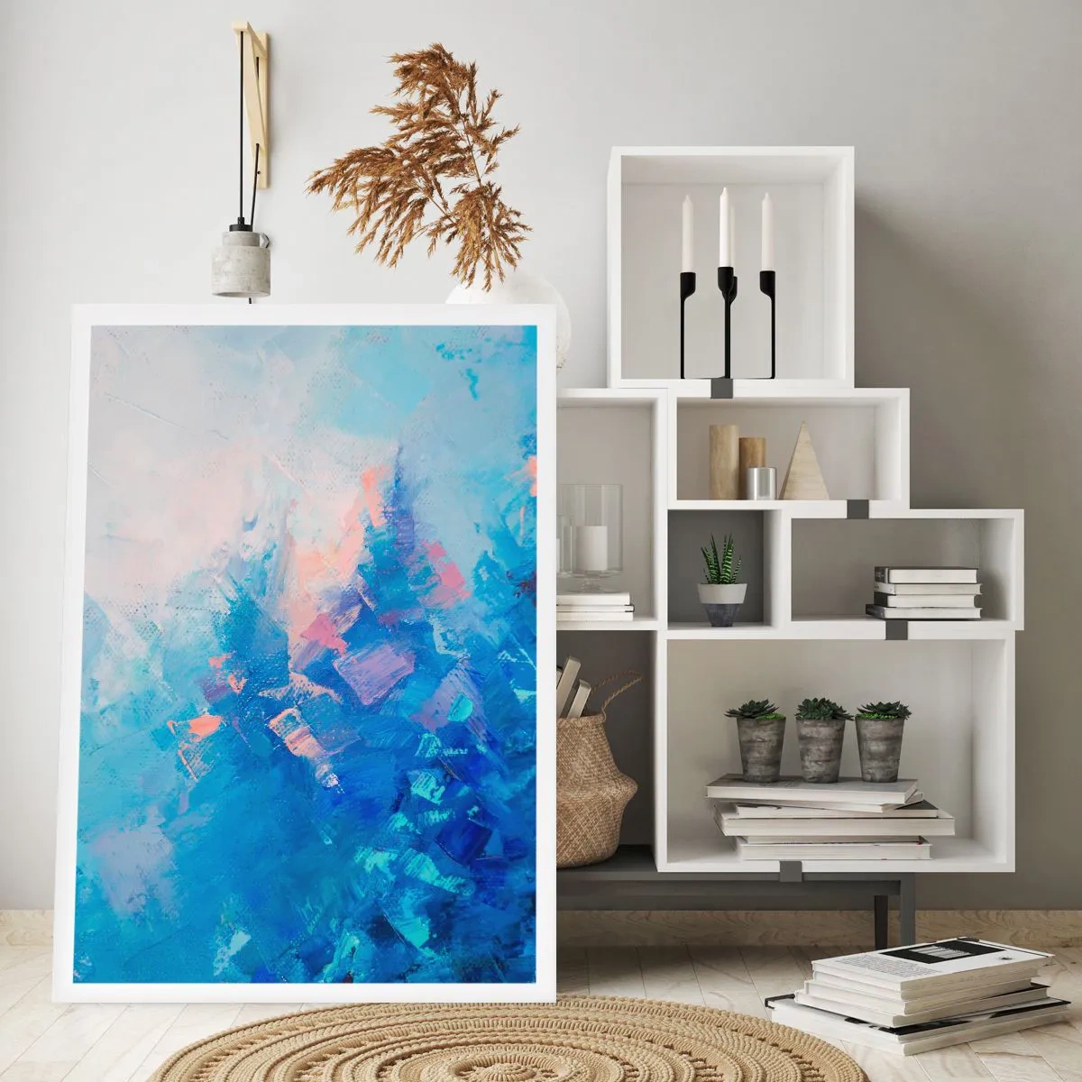 Poster - Eine abstrakte Komposition in Blau- und Rosatönen, inspiriert von einer Winterlandschaft. - 50x70cm - Winter-Abstraktion - Moderne Wanddekoration für Wohnzimmer und Schlafzimmer ARTTOR