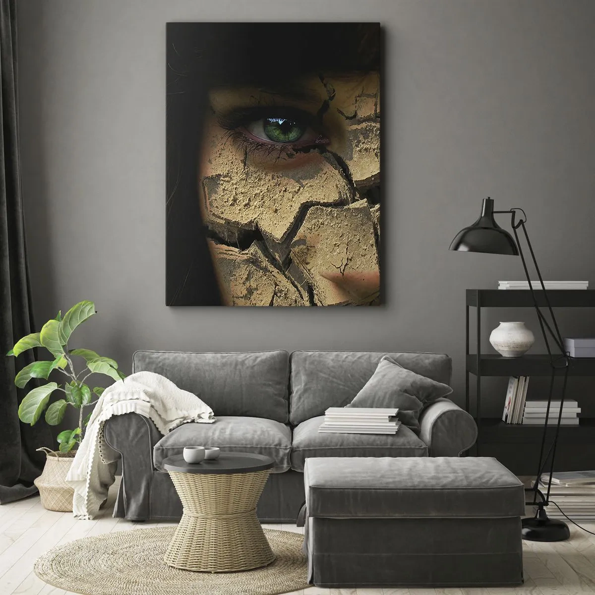 Bild auf Leinwand - Leinwandbild - Das Gesicht einer Frau mit grünen Augen, bedeckt mit einer rissigen Erdstruktur - 50x70cm - Freude und Grauen zugleich - Moderne Wanddekoration für Wohnzimmer und Schlafzimmer ARTTOR