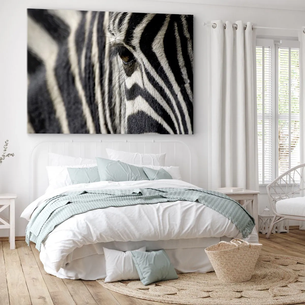 Bild auf Leinwand - Leinwandbild - Nahaufnahme eines Zebraauges mit schwarzen und weißen Streifen - 70x50cm - Gestreiftes Porträt - Moderne Wanddekoration für Wohnzimmer und Schlafzimmer ARTTOR