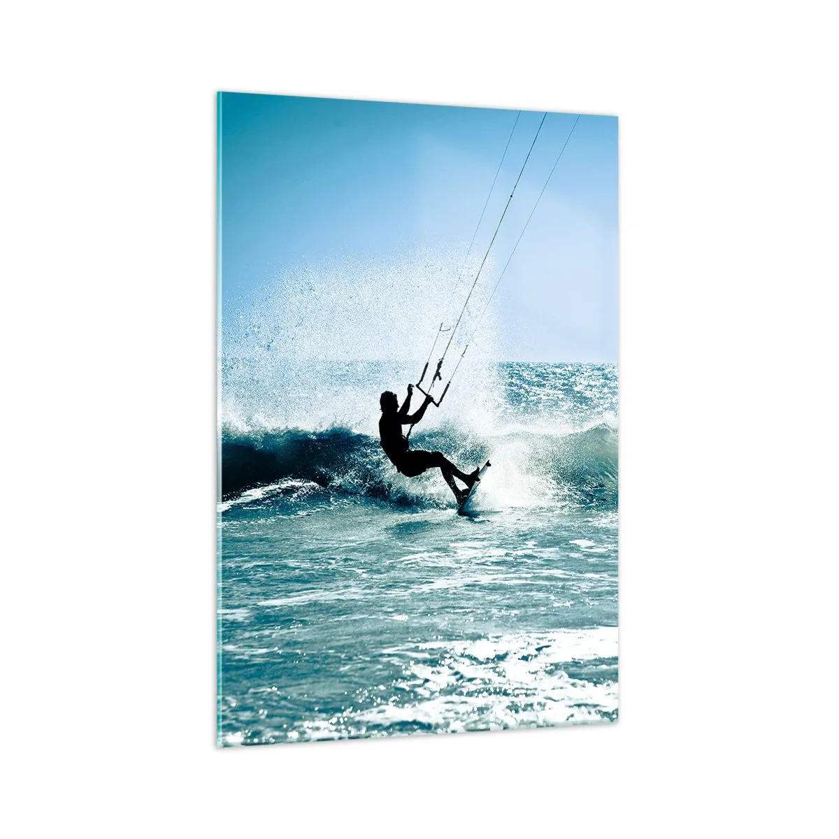 Glasbild - Bild auf glas - Kitesurfer reitet eine Welle in der vollen Sonne - 70x100cm - Hinreißen lassen - Moderne Wanddekoration für Wohnzimmer und Schlafzimmer ARTTOR