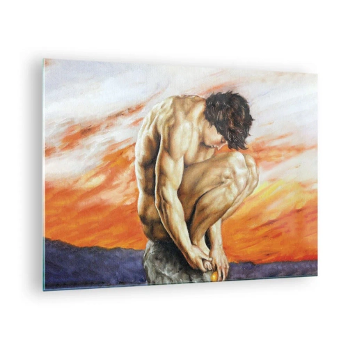 Glasbild - Bild auf glas - Ein nackter menschlicher Körper vor einem intensiv orangefarbenen Himmel. - 70x50cm - In sich versunken - Moderne Wanddekoration für Wohnzimmer und Schlafzimmer ARTTOR