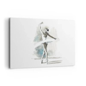 Bild auf Leinwand - Leinwandbild - Eine Balletttänzerin in einer Ballettpose vor einem Hintergrund aus zarten Aquarelltönen. - 120x80cm - In einen Schwan verzaubert - Moderne Wanddekoration für Wohnzimmer und Schlafzimmer ARTTOR