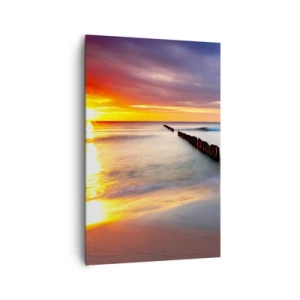 Bild auf Leinwand - Leinwandbild - Sonnenuntergang über dem Meer mit einem Wellenbrecher im Vordergrund - 80x120cm - Lausche der Stille - Moderne Wanddekoration für Wohnzimmer und Schlafzimmer ARTTOR