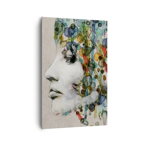 Bild auf Leinwand - Leinwandbild - Profil einer Frau in Aquarellfarben mit abstraktem Hintergrund - 80x120cm - Sie tauchte aus dem Grau auf - Moderne Wanddekoration für Wohnzimmer und Schlafzimmer ARTTOR