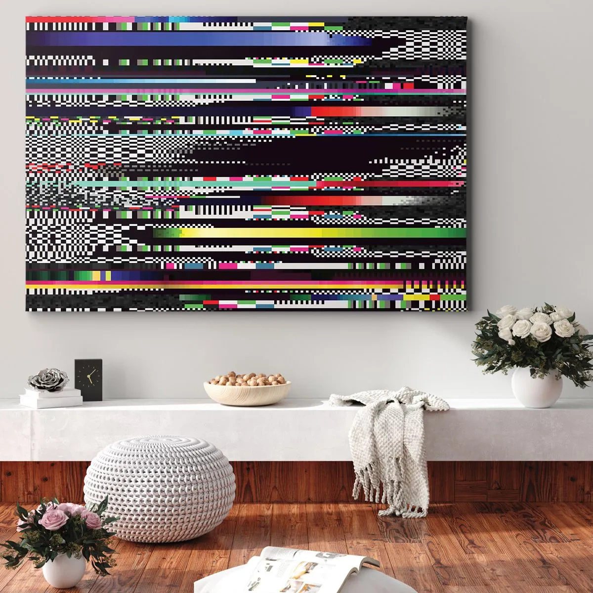 Bild auf Leinwand - Leinwandbild - Bunte Linien und Pixel im abstrakten Stil - 70x50cm - Das Kontrollbild der Realität - Moderne Wanddekoration für Wohnzimmer und Schlafzimmer ARTTOR