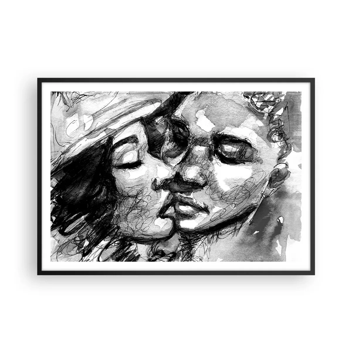 Poster in einem schwarzem Rahmen - Ein schwarz-weißes Aquarell, das einen intimen Moment zwischen zwei Menschen darstellt. - 100x70cm - Zärtlicher Moment - Moderne Wanddekoration für Wohnzimmer und Schlafzimmer ARTTOR