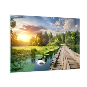 Glasbild - Bild auf glas - Holzsteg über einem See mit einem Schwan bei Sonnenuntergang - 100x70cm - Sommer, Sommer überall - Moderne Wanddekoration für Wohnzimmer und Schlafzimmer ARTTOR