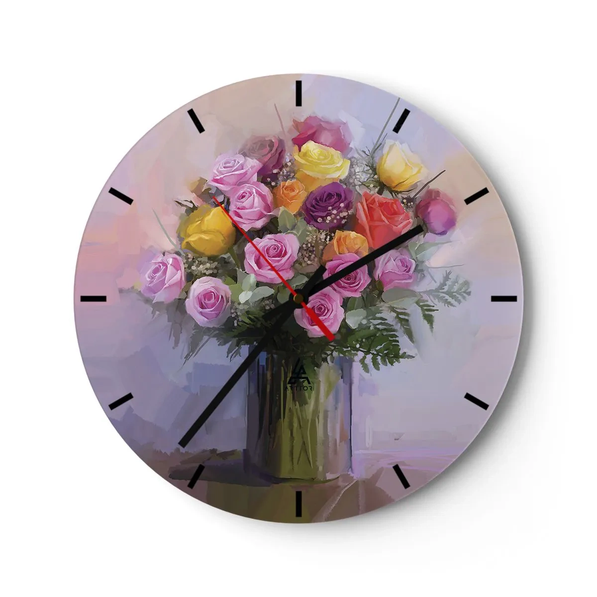 Wanduhr - Glasuhr - Ein Strauß Rosen in einer bunten Vase auf pastellfarbenem Hintergrund - 30x30cm - Festgehaltene Schönheit - Moderne Wanddekoration für Wohnzimmer, Küche und Schlafzimmer ARTTOR