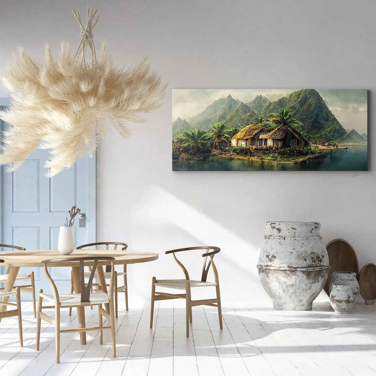 Bild auf Leinwand - Leinwandbild - Eine tropische Insel mit Palmen und Bergen im Hintergrund - 120x50cm - Tropisches Paradies - Moderne Wanddekoration für Wohnzimmer und Schlafzimmer ARTTOR