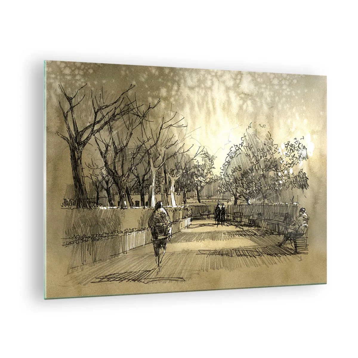 Glasbild - Bild auf glas - Eine Zeichnung eines Parks mit Wegen und Spaziergängern - 70x50cm - Ein Moment mit einer Feder angehalten - Moderne Wanddekoration für Wohnzimmer und Schlafzimmer ARTTOR