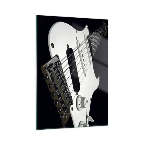 Glasbild - Bild auf glas - Nahaufnahme einer weißen E-Gitarre vor dunklem Hintergrund - 50x70cm - In Weiß versteckter Ton - Moderne Wanddekoration für Wohnzimmer und Schlafzimmer ARTTOR