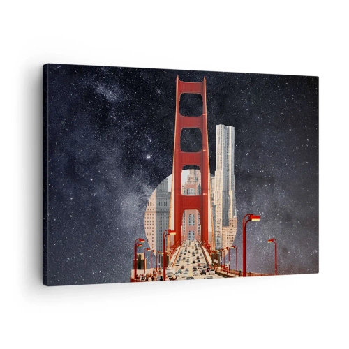 Bild auf Leinwand - Leinwandbild - Die Golden Gate Bridge mit der Stadt im Hintergrund vor einem Sternenhimmel - 70x50cm - Immer im Mittelpunkt - Moderne Wanddekoration für Wohnzimmer und Schlafzimmer ARTTOR