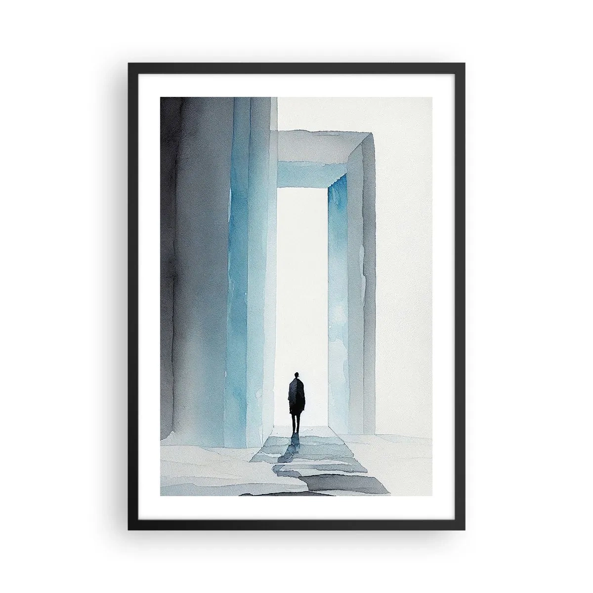 Poster in einem schwarzem Rahmen - Eine Figur, die durch ein blaues Tor geht, das Freiheit und grenzenlose Möglichkeiten symbolisiert - 50x70cm - Lebe ohne Grenzen - Moderne Wanddekoration für Wohnzimmer und Schlafzimmer ARTTOR