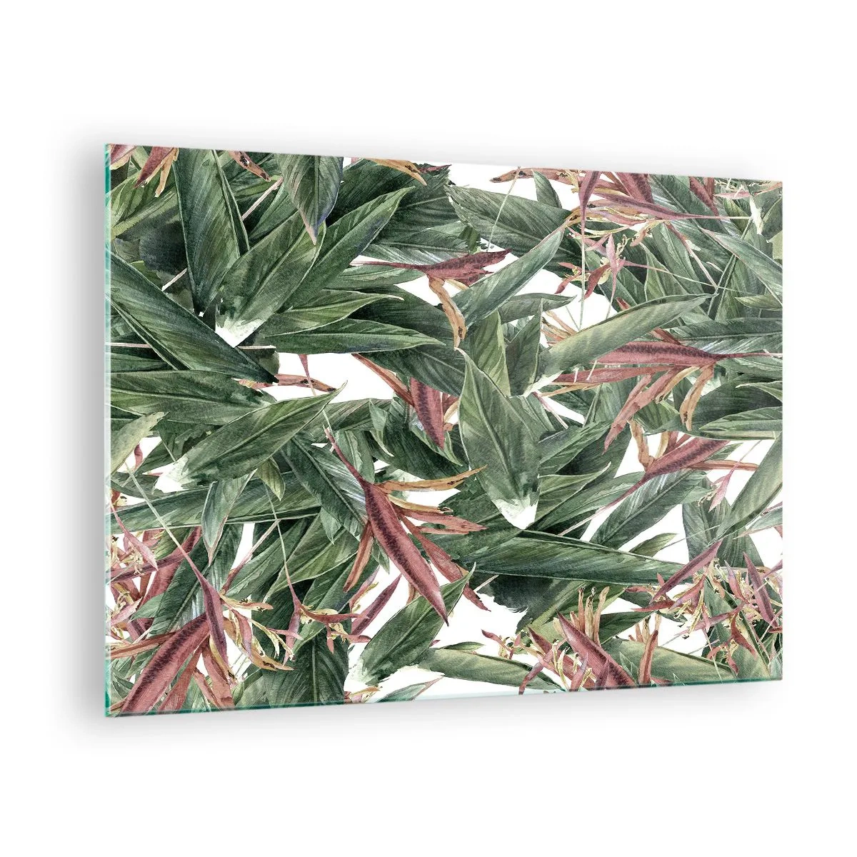 Glasbild - Bild auf glas - Blätter in Grün- und Burgundertönen auf hellem Hintergrund - 70x50cm - Smaragd-lila Dickicht - Moderne Wanddekoration für Wohnzimmer und Schlafzimmer ARTTOR