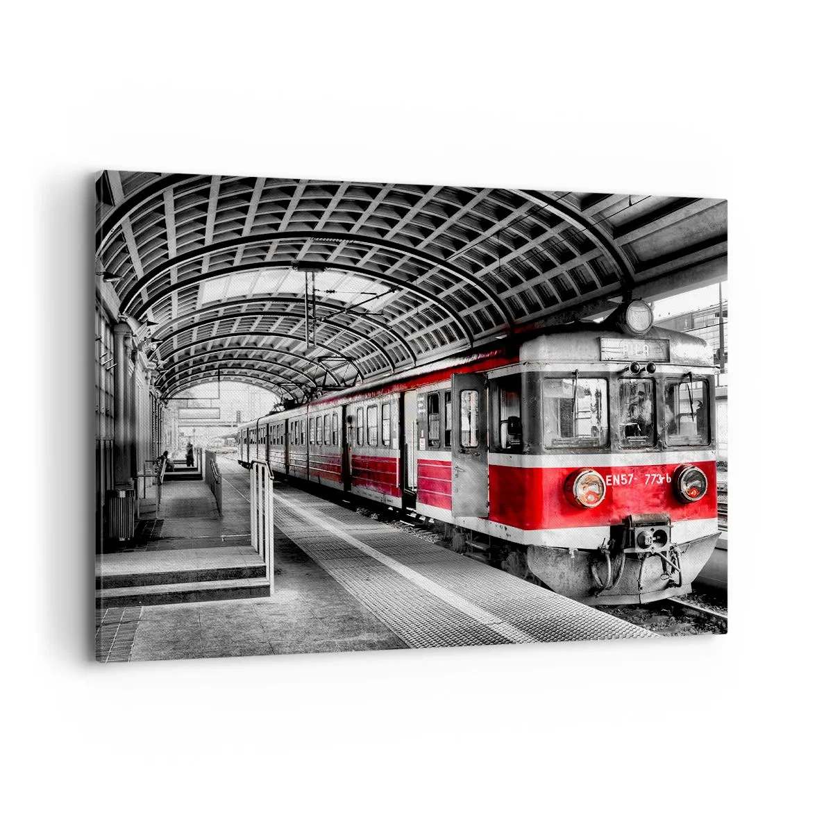 Bild auf Leinwand - Leinwandbild - Roter Zug am Bahnhof unter einem Dach - 100x70cm - Vielleicht ist es eine Reise Ihres Lebens? - Moderne Wanddekoration für Wohnzimmer und Schlafzimmer ARTTOR